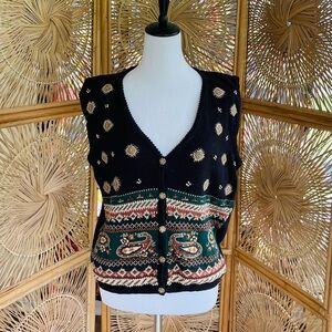 Vintage Jantzen Classics Black Knit Embroidered Paisley Design Earthy Green Vest